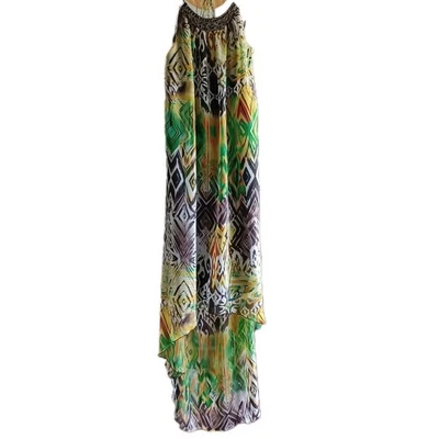 Allen B Allen Schwartz Women Dress Sz 8 Kaftan Boho High-Low Halter Green EUC - Image 1 of 4