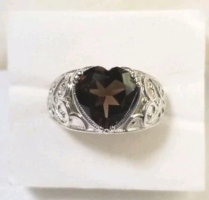 Smoky Quartz Heart Ring Size 11 Platinum Overlay Brass Heat Treated  - Picture 1 of 7