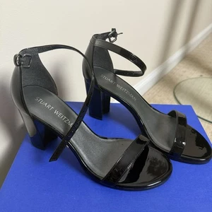 New Stuart Weitzman 7 Black Patent Leather Open Toe Ankle Strap Block Heel - Picture 1 of 9