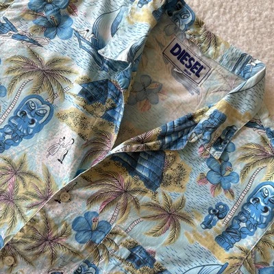 Camisa Hawaiana Diesel Italia Hombres Talla M Azul Playa AOP Manga Corta Cuello Lazo Foto 1 de 4