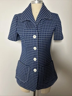 Vtg 60s 70s Koret of California Mod Tunic Jacket Top Blue Geo Knit Dagger Collar - Image 1 of 4
