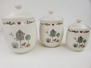 Thomson Pottery Birdhouse Canister Set Of Three All With Lids Vintage - Picture 1 of 10