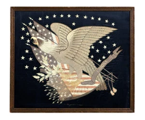 Antique Japanese Export Silk Embroidery Panel of American Union - Picture 1 of 12