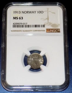 NORWAY 1913 NORWEGIAN 10 ORE 10O NGC MS63 MS 63 Certified Uncirculaded Coin - Picture 1 of 4