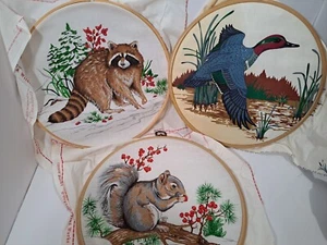 VTG Embroidery Hoop Wall Hangings 3 Animals Duck Squirrel Raccoon Country Cottag - Picture 1 of 16
