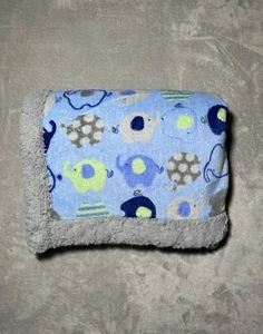 Baby Essentials Blanket Elephants Reversible Solid Blue Gray Trim Fleece Lovey - Picture 1 of 4