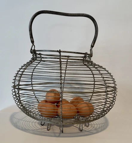 Antique French Farmhouse Wire Egg Basket w/ Coiled Fixed Handle, Footed Cover