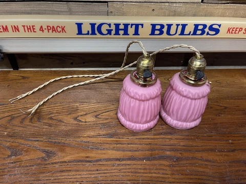 Vintage Glass Pendant Drop Light Fixtures Retro Pink Shades W/Brass Fixtures Pr Cover