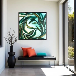 Green plant wall art Abstract Exotic flower leaves Canvas framed signed - Picture 1 of 8