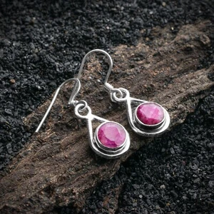 925 Sterling Silver Round Red Ruby Gemstone Drop Dangle Ladies Earrings - Picture 1 of 5