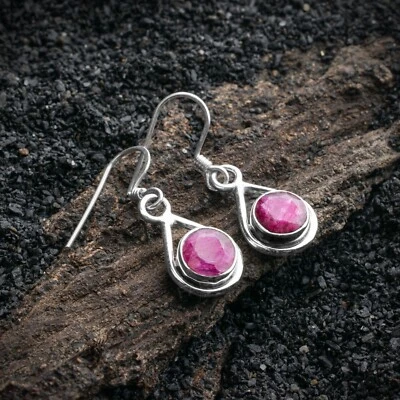 925 Sterling Silver Round Red Ruby Gemstone Drop Dangle Ladies Earrings - Image 1 of 4