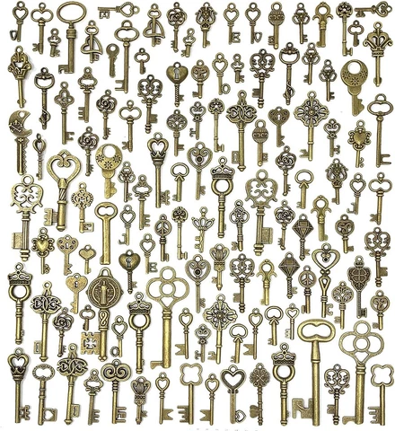125 PCS Vintage Skeleton Key Set Charms, Mixed Antique Style Bronze Brass Cover