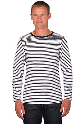 Ugholin Herren Baumwolle Weiß und Blau Gestreift Langarm T-Shirt - Bild 1 von 3