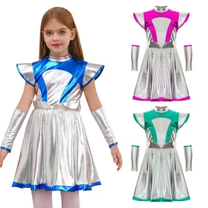 Kids Girls Alien Cosplay Outer Dress PU Patchwork Costume Robot Outfits Pleated - Picture 1 of 48