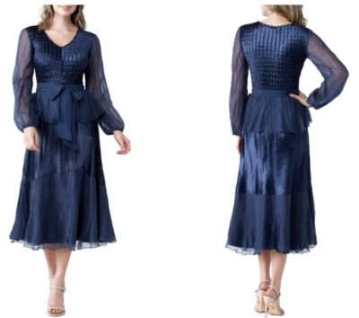 KOMAROV Blue Sheer Long Sleeve V-Neck Tiered Waist Tie Midi Dress L = 10/12 💙 - Image 1 of 2