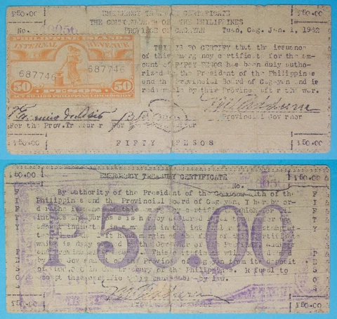 1942 Philippines CAGAYAN 50 Pesos ~ WWII Emergency Note ~ 337 Printed ~ CAG-121 Cover