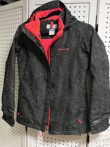 Columbia Size L 14-16 Girls Black/White Shell Pink Hooded Windbreaker Jacket - Picture 1 of 9