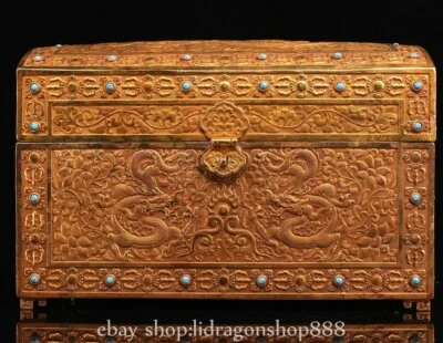 13.8" Old Chinese Bronze Inlay Gem 24K Gold Gilt Dynasty Dragon Jewelry Box - Image 1 of 4