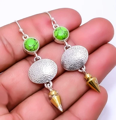 Copper Green Turquoise 925 Sterling Silver Two Tone Arrow Head Earring 2.34" E32 - Image 1 of 4