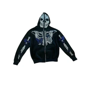 Black Zip-Up Hoodie | Size S | Cozy Cotton Blend | Rhinestone Skull Detail - Picture 1 of 3