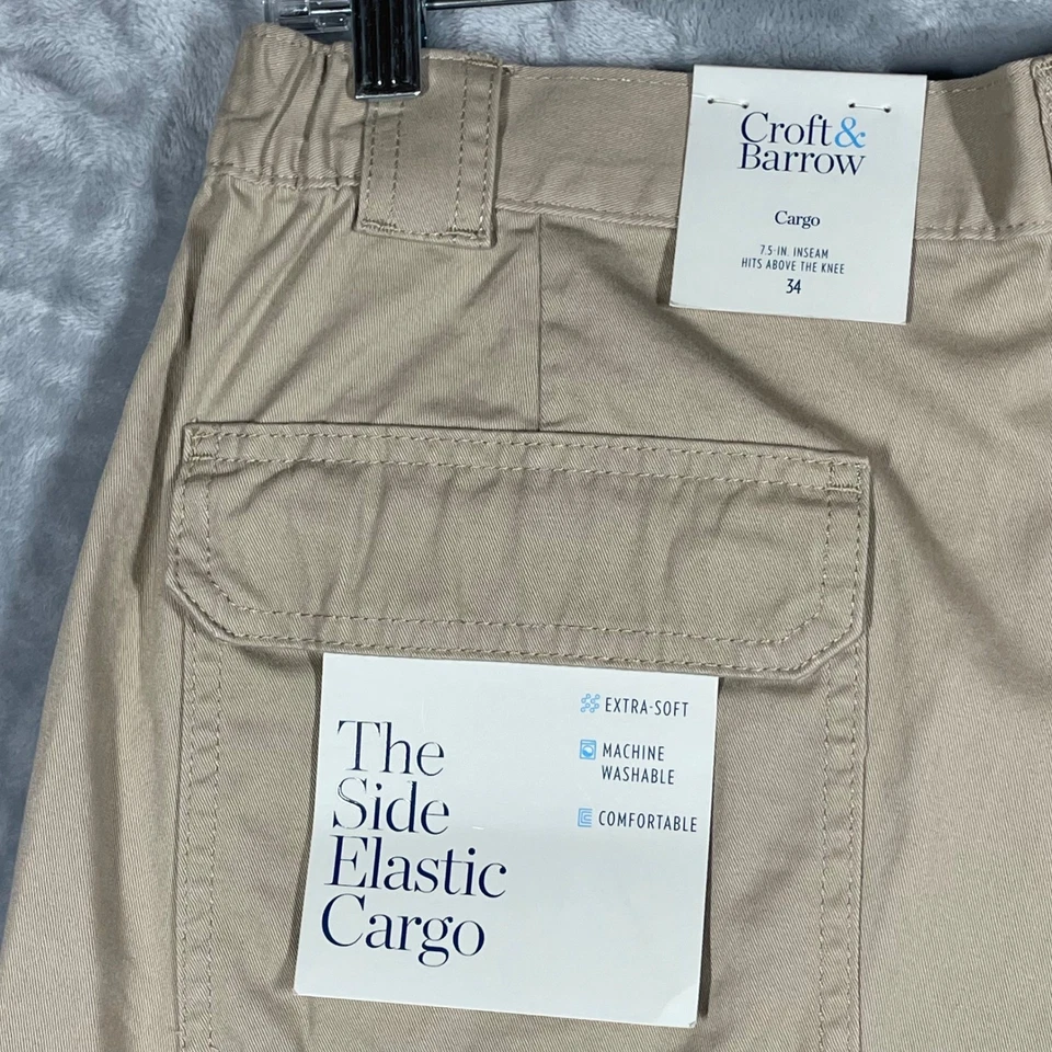 Croft & Barrow Mens Cargo Shorts Size 34 Khaki Side Elastic Flat Front NEW - Image 1 of 4