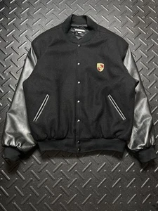 Vintage 90’s Porsche Varsity Bomber Jacket Black Leather Wool Size XL Cars USA - Bild 1 von 21