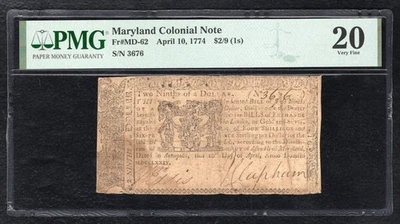 MD-62 APRIL 10, 1774 $2/9 TWO NINTHS DOLLAR MARYLAND COLONIAL NOTE PMG VF-20 - Image 1 of 2