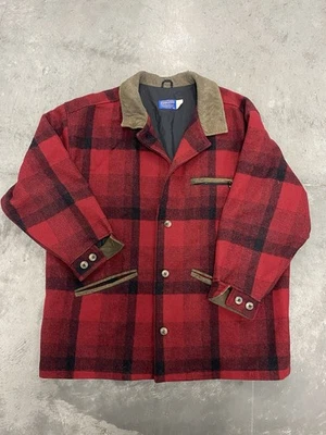 Vintage Pendleton Red Black Plaid Heavy Virgin Wool Western Barn Coat USA XL - Image 1 of 4
