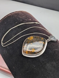 Large Sterling Silver Baltic Amber Pendant & 24" Box Chain Necklace ~ 43.8g - Picture 1 of 7