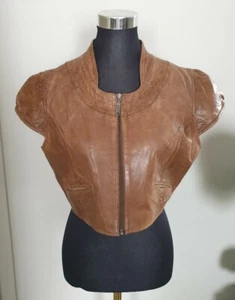 Vintage Genuine Leather Tan Women's Crop Vest Zip Front Cap Sleeve EUC Auluna 42 - Picture 1 of 22