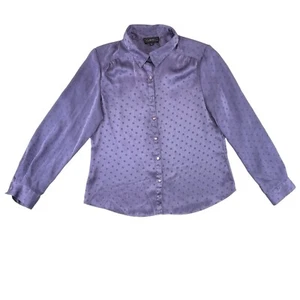 Womens Blouse L Purple Satin Polka Dot Long Sleeve Collared Button Up Elementz - Picture 1 of 8
