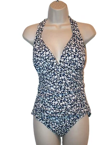 Ralph Lauren White Flower on Navy Halter One Piece Swimsuit 8 Padded - Picture 1 of 3