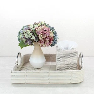 Leaf Shaped Rattan Cane Tray with Steel Handles, Luxury Home Decor, Whitewash - Picture 1 of 5