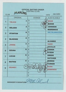 7-5-14 Miami Marlins Game Used Umpire Lineup Card - Giancarlo Stanton - Picture 1 of 2