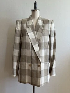Kasper For ASL Blazer 8 Linen Beige Ivory Plaid Long Jacket Lined Vintage 90s - Picture 1 of 6