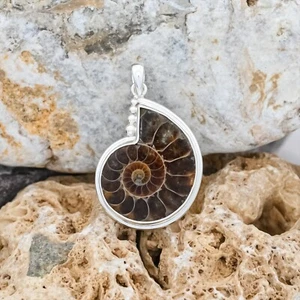 Ciondolo pietra preziosa fossile ammonite argento sterling gioielli regalo Halloween - Foto 1 di 10