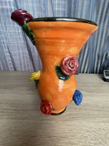 Fine 7" Vtg Mary Rose Young Vase Vibrant Orange Vase With Multi Colored Flowers - Picture 1 of 21