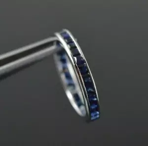 French Cut Sapphire Eternity Ring Wedding Band Blue Vintage Art Deco gift for - Picture 1 of 7