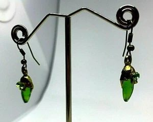 Vintage Silver/Gold Metal Green Crystal & Plastic Drop Dangle Earrings 1980' - Picture 1 of 5