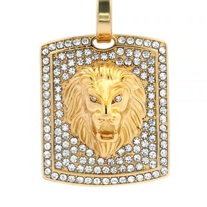 Colgante Tioneer Lion de acero chapado en oro de 14K con cadena de caja de 24 pulgadas circonita cúbica - Imagen 1 de 2