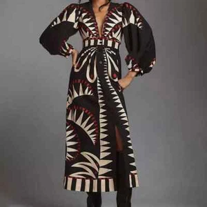 VEITCHE Damen Vintage Print Langarm Kleid V-Ausschnitt Laternenärmel Freizeit - Bild 1 von 24