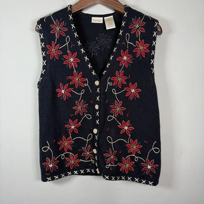 Chaleco Suéter Vintage Bobbie Brooks Poinsettia Navidad Vacaciones Mediano Foto 1 de 4