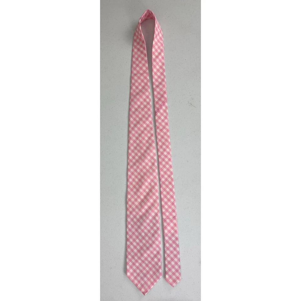 Men Ermenegildo Zegna Italy cotton pink gingham plaid check graphic neck tie - Image 1 of 4