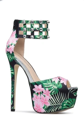Sabella by SHOEDAZZLE Tela Floral Puño Puntera Abierta 6.25" Tacones de aguja, TALLA 5.5 Foto 1 de 4