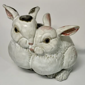 "Estatuilla grande vintage de cerámica estilo mayólica dos conejitos conejo escultura 8x9x8""" - Imagen 1 de 17