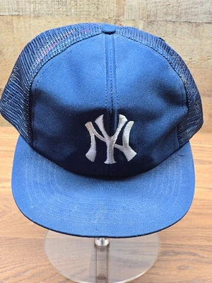 复古纽约洋基队帽子卡车司机风格蓝色网格棒球均码平沿帽 — 第 1/4 张图片