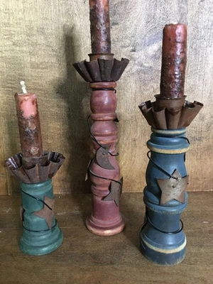 Primitive Candle Holders Set Of 3 Rustic Folk Art Wood Metal Tin Stars & Moon  - Image 1 of 4