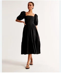 Abercrombie & Fitch Emerson Poplin puff sleeve midi dress in Black - Med Tall - Picture 1 of 16
