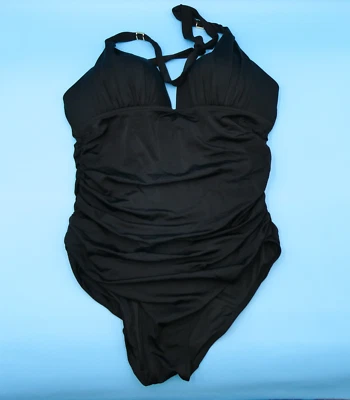 Купальник пляжный Victorias Secret XXL черный гладкий с подкладкой цельный с оборками с бретелью через шею - Изображение 1 из 4