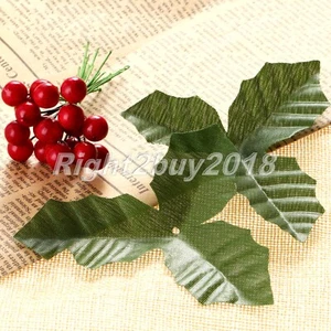 50pcs Dark Red Holly Berries & 50pcs Green Artifical Leaves 2 in 1 DIY Craft - Picture 1 of 10